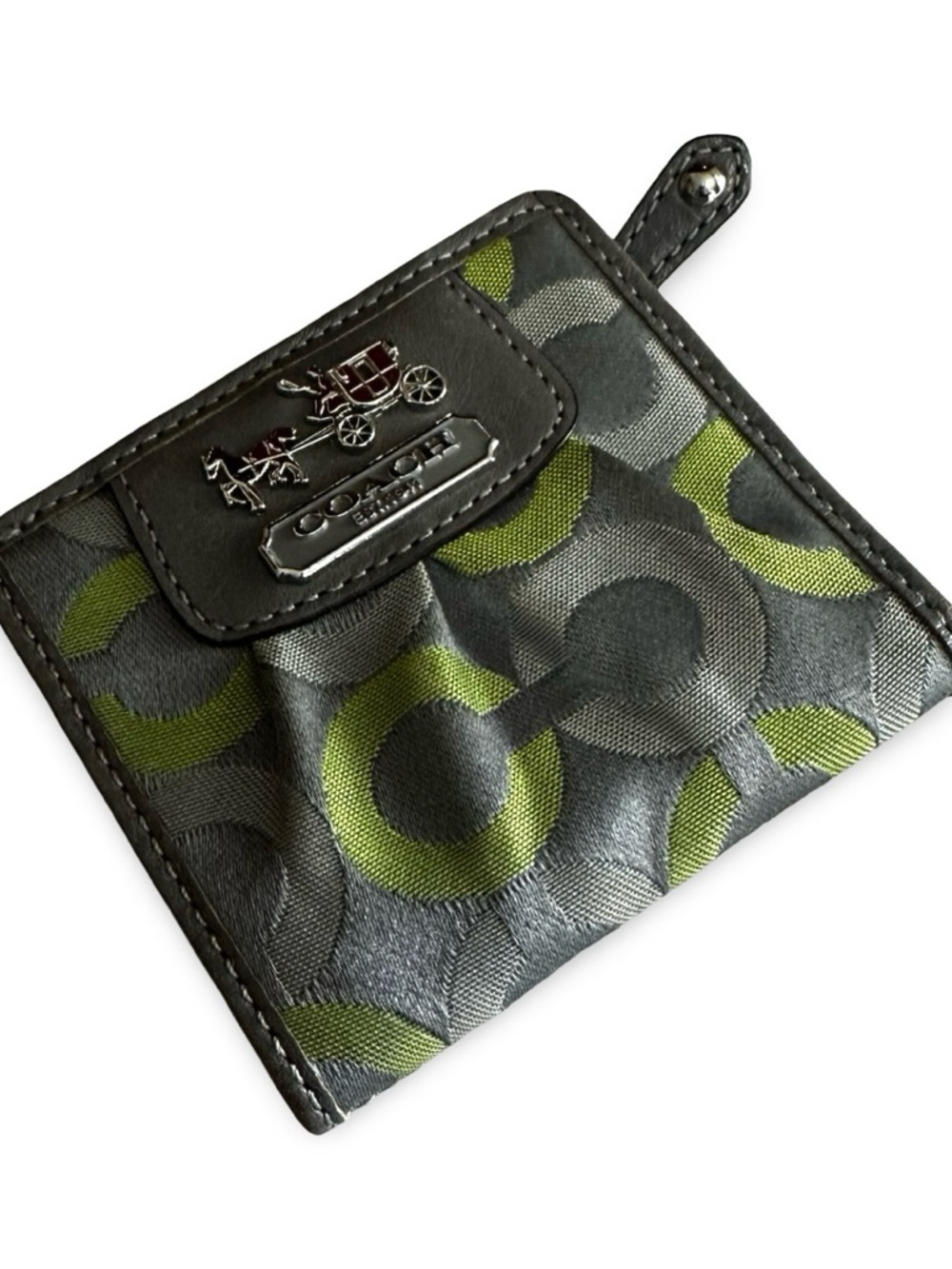 Coach Gray and Lime Circle Print Card Case with Carriage Plaque
